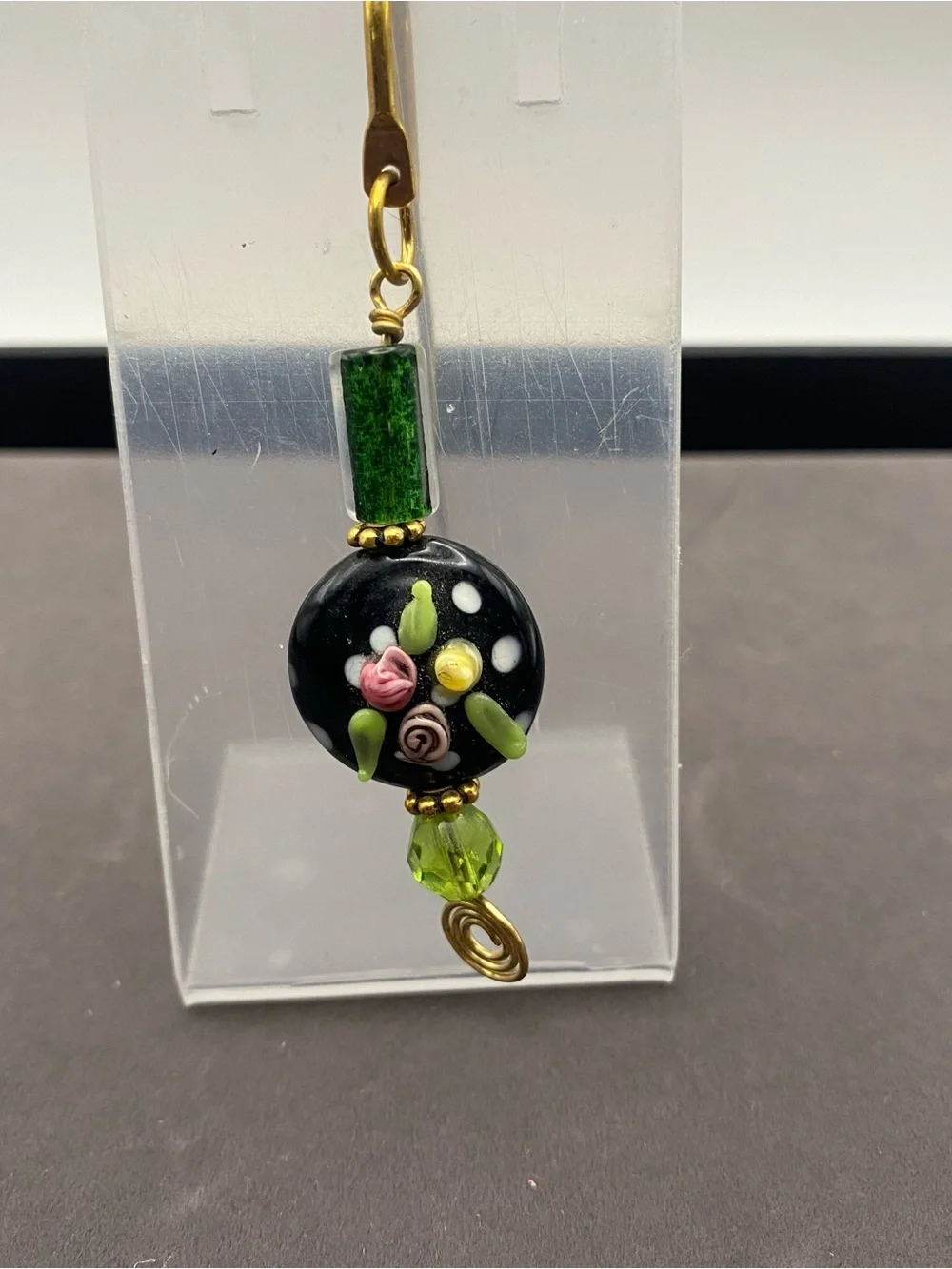 Black and Green Art Glass with Brass Floral Bookmark Charm